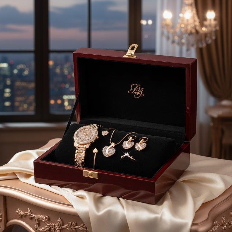 6-Piece Jewellery Set white Stones(Gift Box Included)-in 18k Rose Gold