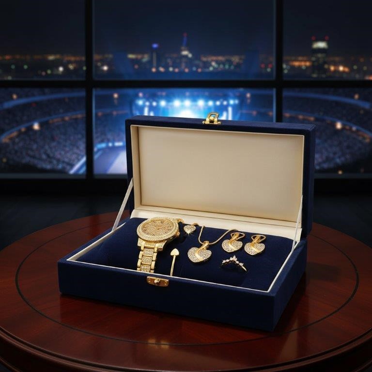 6-Piece Jewellery Set white Stones(Gift Box Included)-18k Yellow Gold Plate