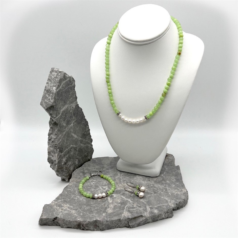 7-8mm Pearl & Flower Jade Real 18k Gold Plated Jewellery Set