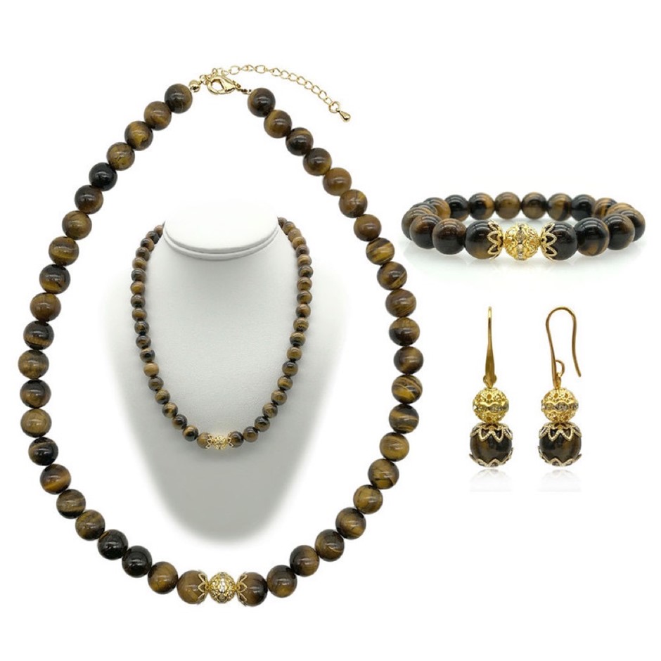 10mm Tiger Eye Persian Love Gold Plated Rhinestone Jewellery Set