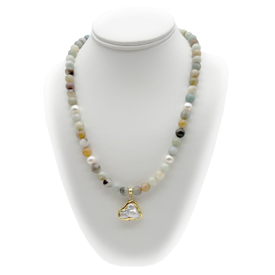 8mm Amazonite, Baroque Pearl Pendant Charm Necklace.