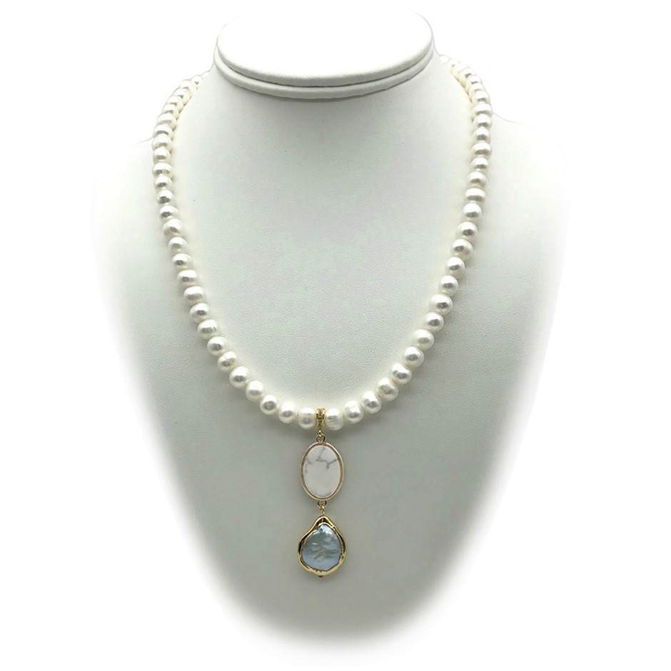 7-8mm Potato & Baroque Pearl Howlite Real 18k Gold Plated Necklace