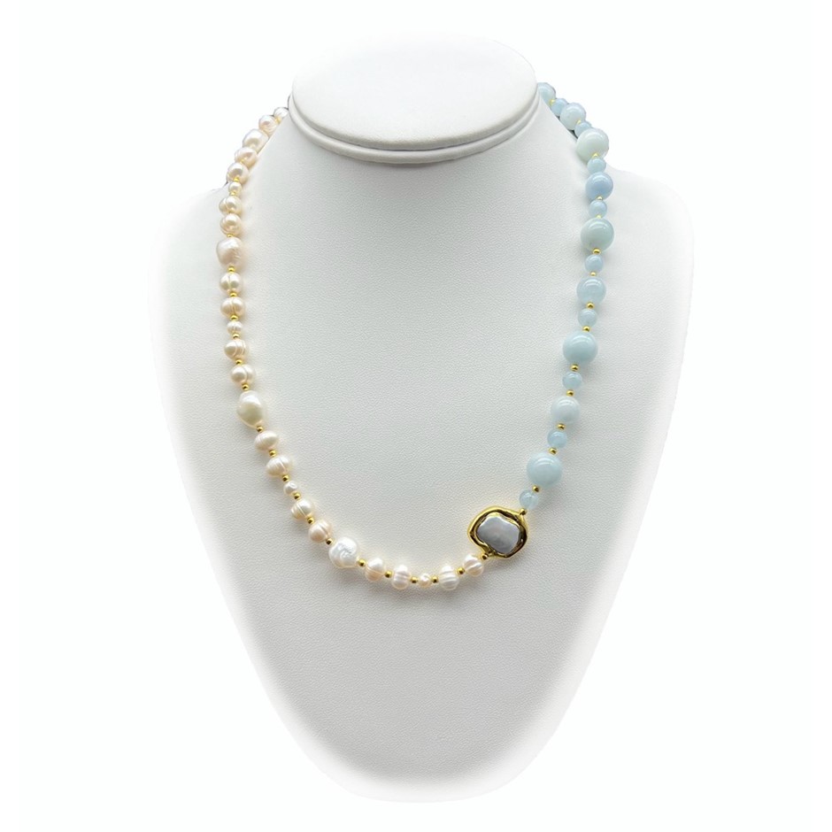 Pearl Flat Edge Baroque, Pearls & Aquamarine 18k Gold Plated Necklace