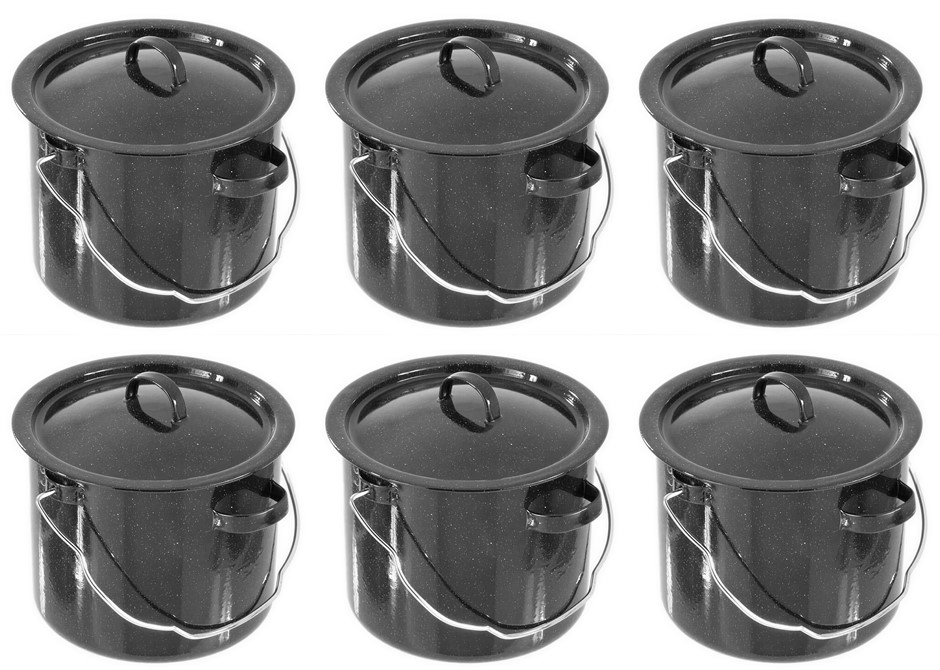 6 x 18cm Billy Can Pot Black Enamel Steel Glaze Canister Camp Cooking Brew