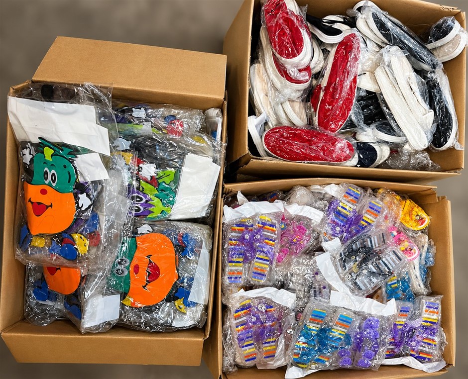 6 Boxes of Assorted Novelty Toys, Children's Sandals, Homewares & School Ac