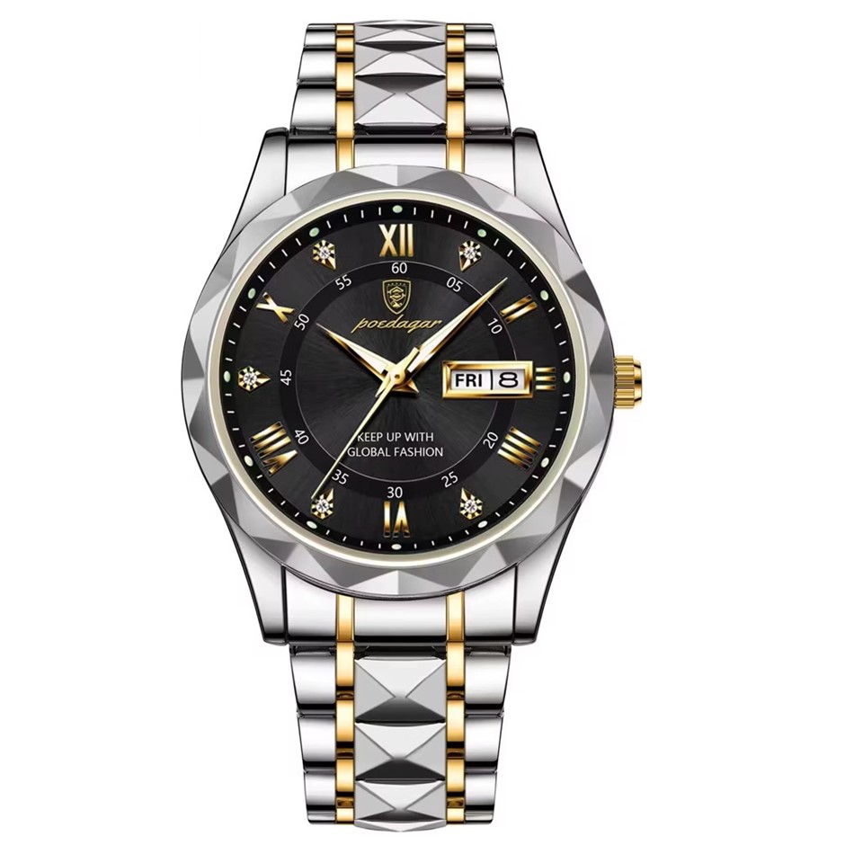 Luxury Men's Quartz Watch with Stainless Steel Strap, Silver/Gold/Black