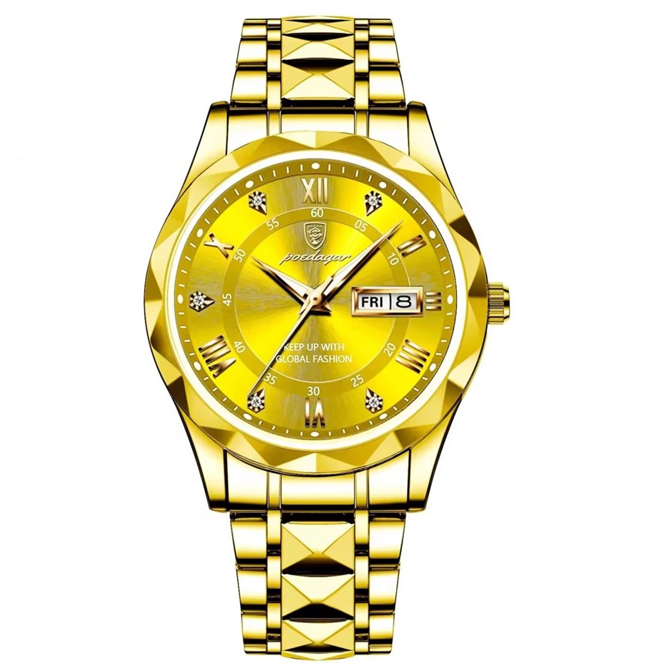 Luxury Men's Quartz Watch Date Week with Stainless Steel Strap, Gold