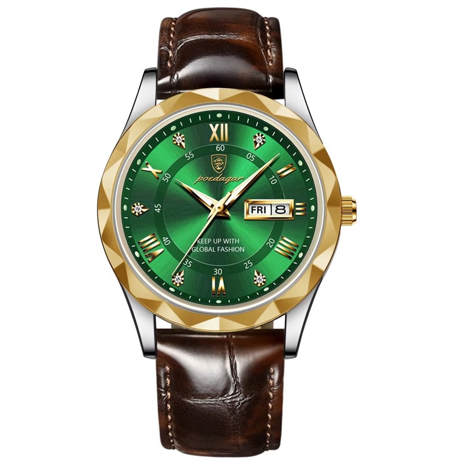 Luxury Men's Quartz Watch Date Week with Leather Strap, Silver/Gold/Green