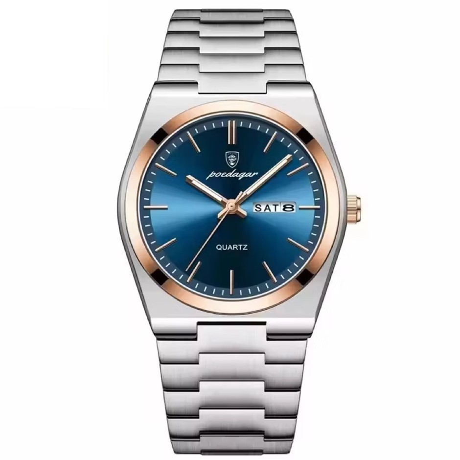 Luxury Quartz Watch Men Stainless Steel Strap, Silver/Rose Gold/Blue