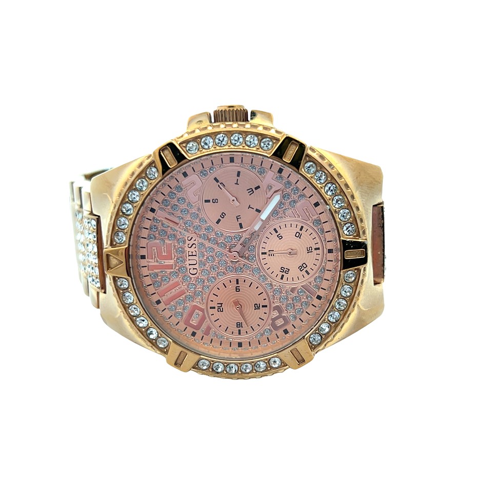 Guess Crystal Gold Tone Watch Champagne Dial Rose Gold Stainless Steel