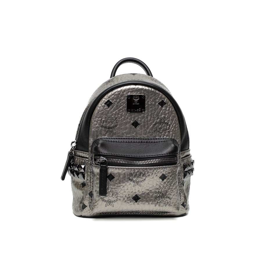 MCM Silver Visetos Studded Mini Backpack Metallic Silver Coated Canvas