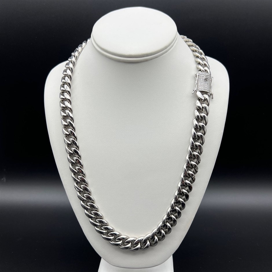 Silver-Filled Cuban Necklace AAA Cubic Zirconias Clasp, 14MM - 60.9cm