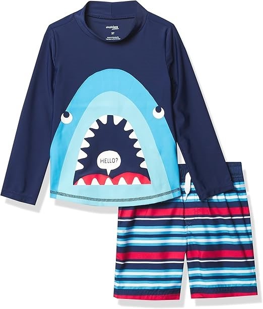 2 x CARTER'S Simple Joys Baby's Swim Set, Size 12M, Navy Shark/Red Stripe,