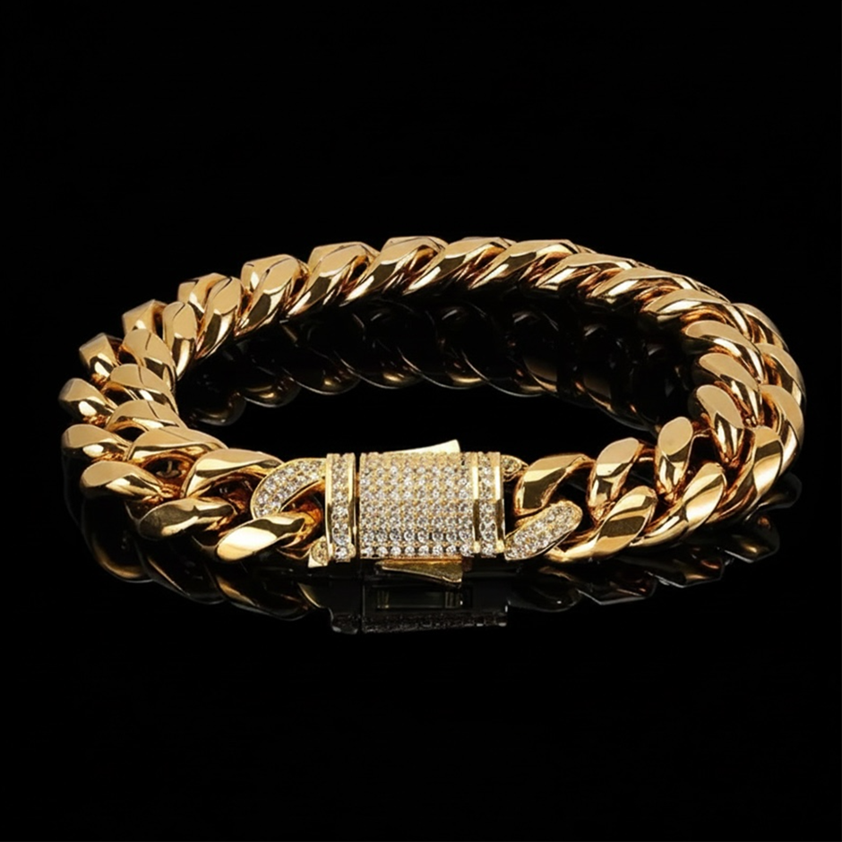 18K Gold-Filled Cuban Chain Bracelet with AAA Cubic Zirconias - 10MM-19cm