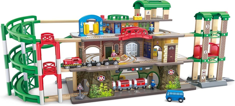 HAPE Multi-Level Railway City Set Wooden Urban Train Set with 4 Stories to