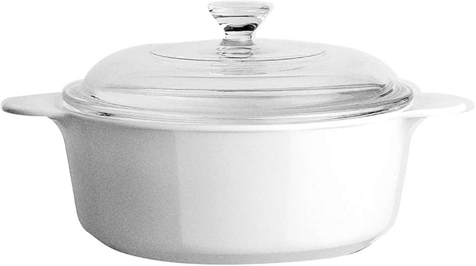 CORNINGWARE 3431 Stovetop Pyroceram Round Covered Casserole, 1.25L, White.