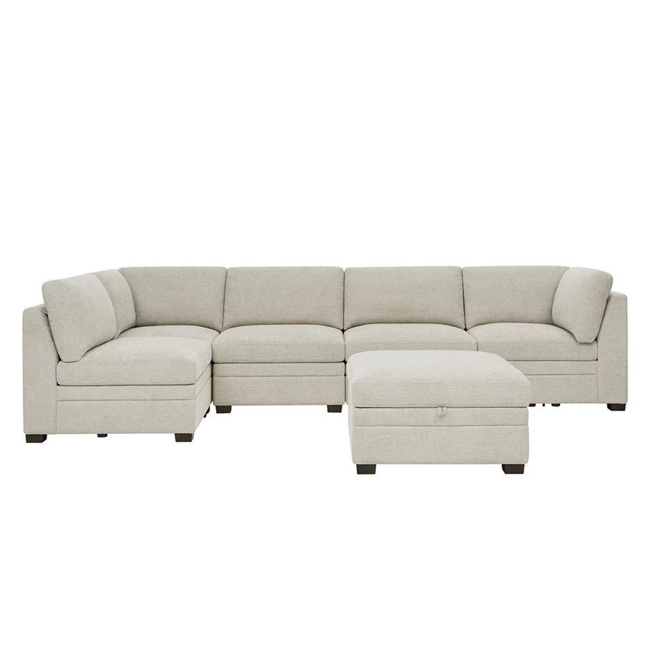 THOMASVILLE 4-Seater Fabric Modular Sectional With Storage Ottoman, Beige/T