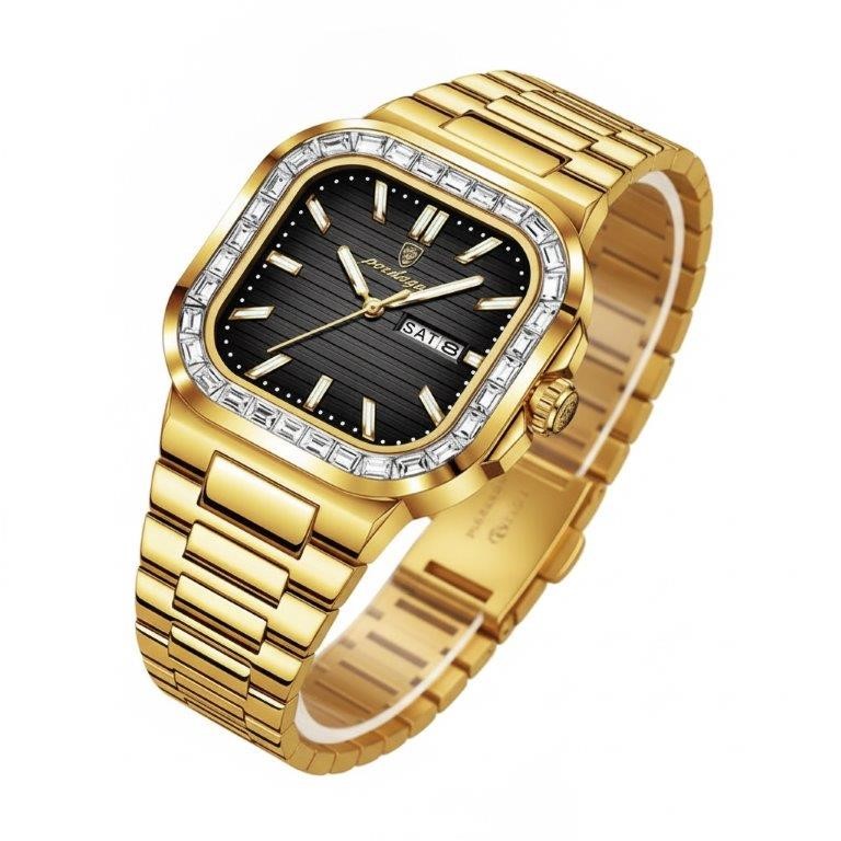 POEDAGAR Men's Gold-Tone Watch with Simulated Diamond Bezel & Premium Box