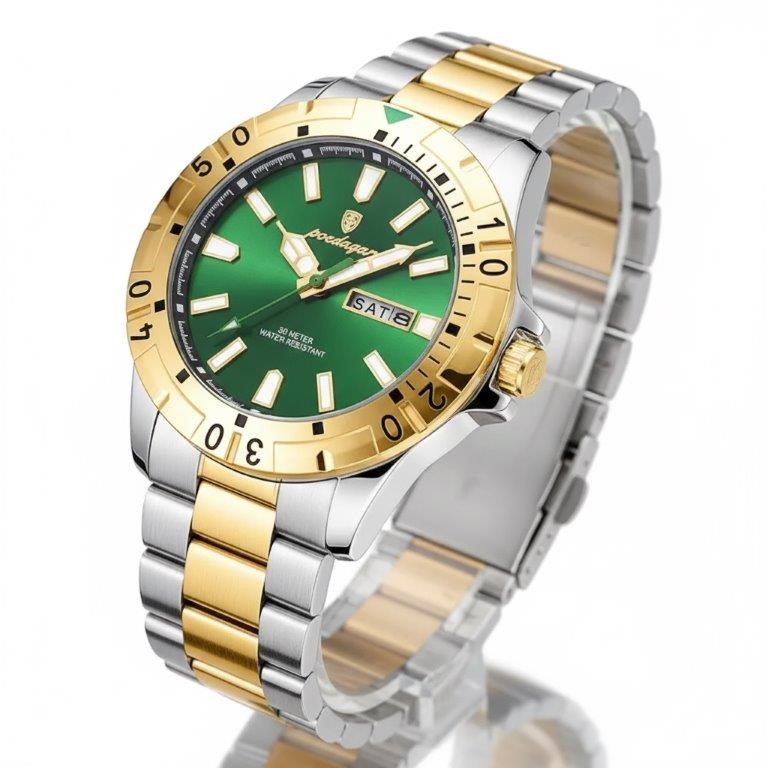 POEDAGAR Men's Green Dial Two-Tone Stainless Steel Day Date Watch with Box