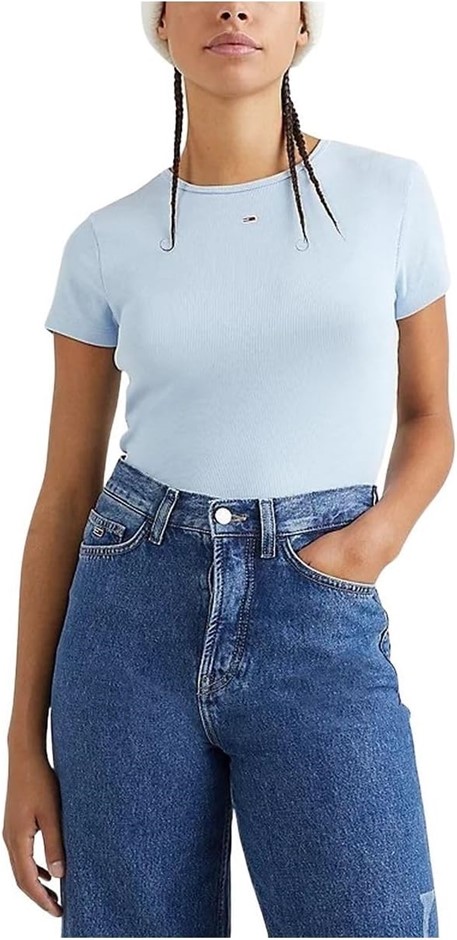 TOMMY JEANS Women's BBY Essential Rib SS T-Shirt, Size XS, Chambray Sky, DW