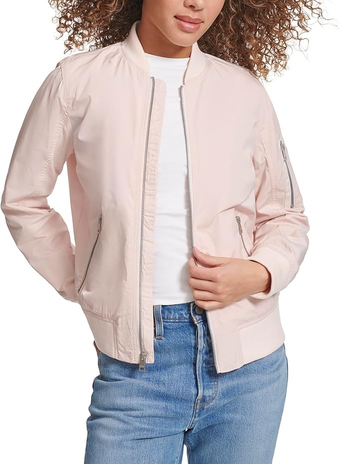 LEVI'S Women's Poly Bomber Jacket with Zipper Pockets, Size XS, Peach Bloss