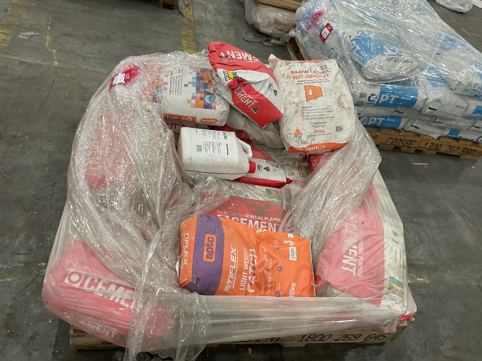 <p>Pallet Comprising Bags of Grout, Cement Tile Adhesive, Etc.</p>