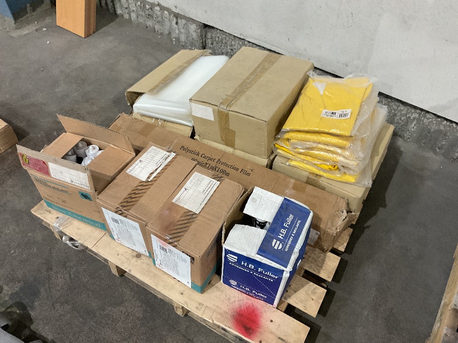 <p>Pallet Of Assorted Adhesives, Sealants, Rain Jackets & Plastic Sheets</p