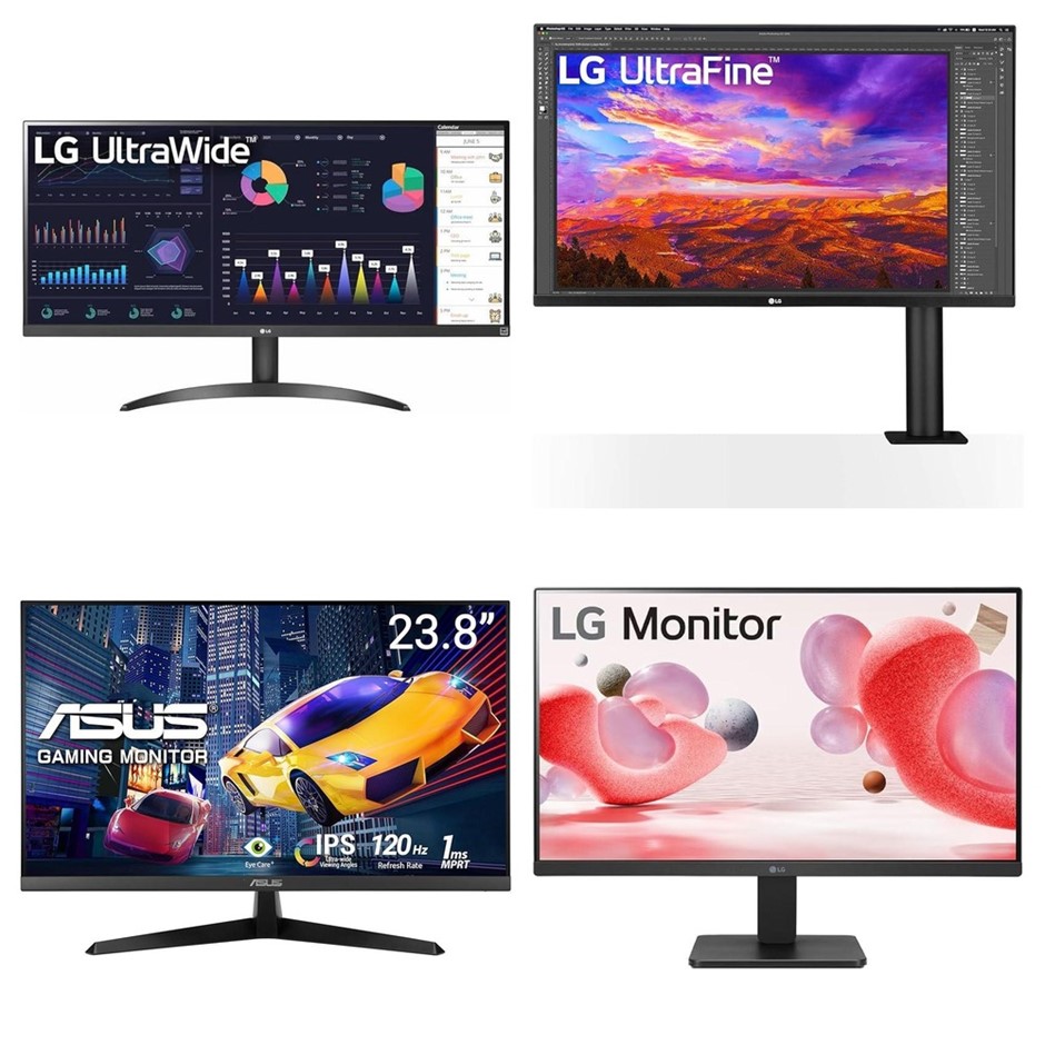 4 x Assorted Monitors, RRP: $1,710, Incl: 1 x LG 34WQ500-B 34" 100Hz, 1 x L