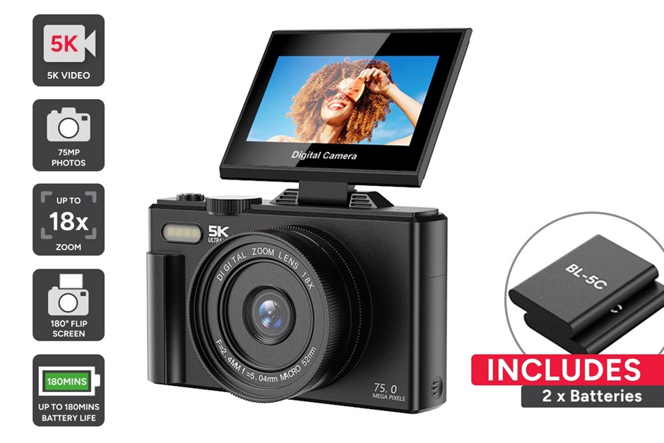 Kogan 5K 75MP Digital Vlogging Camera with Flip Screen (Dual Battery Bundle