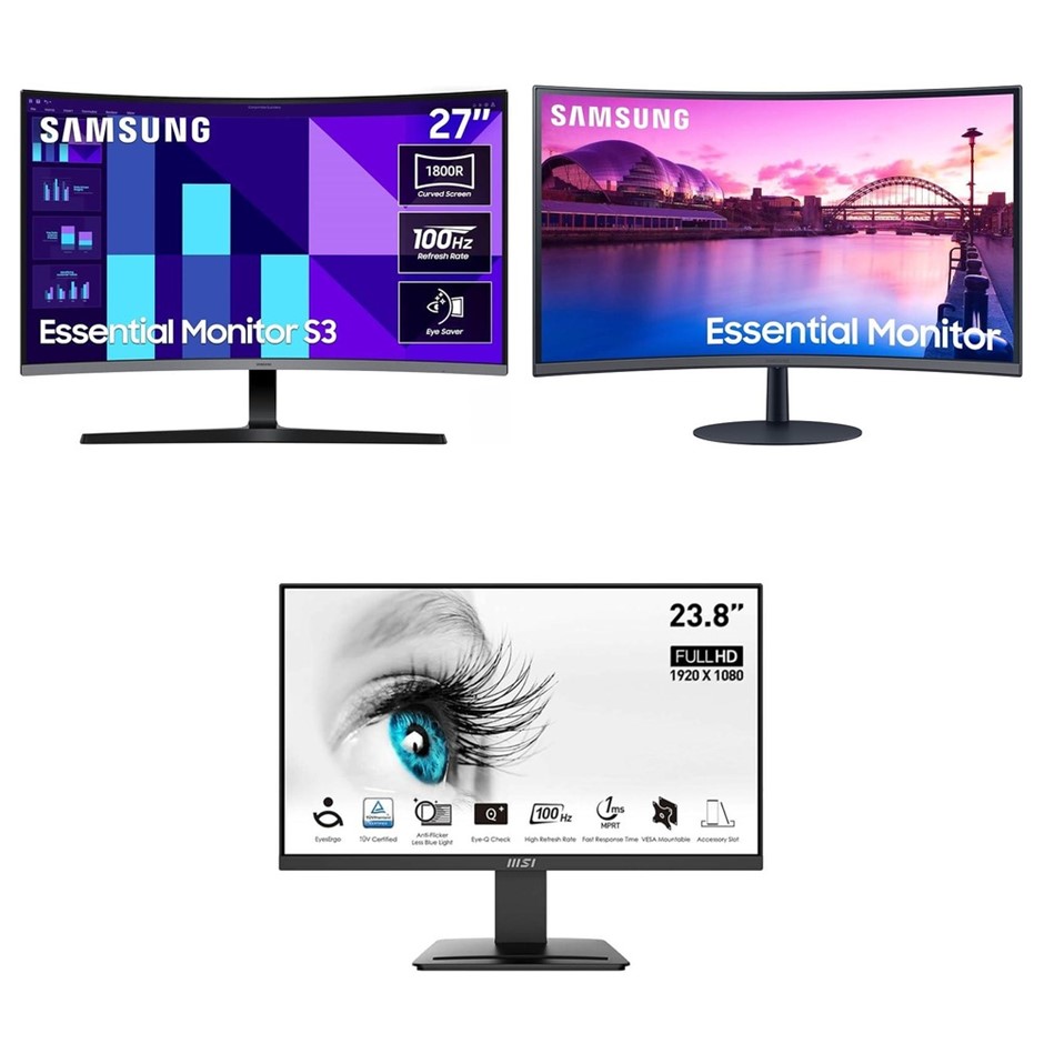 3 x Assorted Monitors. 1 x SAMSUNG 27 Inch S39C FHD Curved Monitor (1920x10