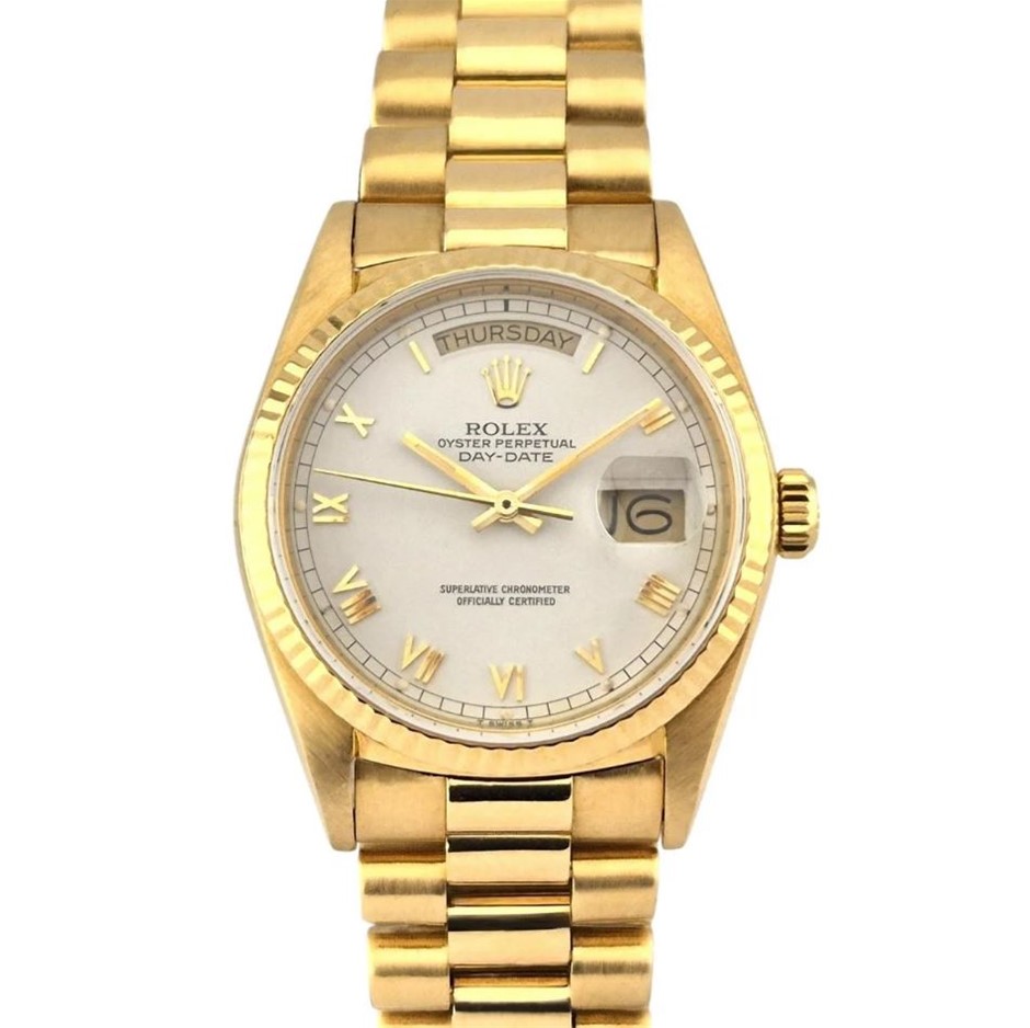 ROLEX DAYDATE 36MM 18K YELLOW GOLD WHITE ROMAN DIAL 18038 BXP & COA