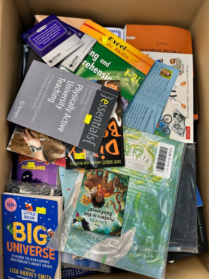 BOX OF ASSORTED BOOKS: Mixed Fiction, Children's Books, Educational Texts,