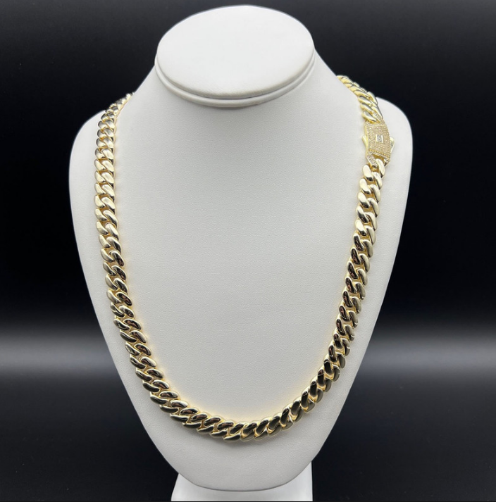 14K Gold-Filled Solid Cuban Necklace, AAA Cubic Zirconias, 10MM Wide - 66cm