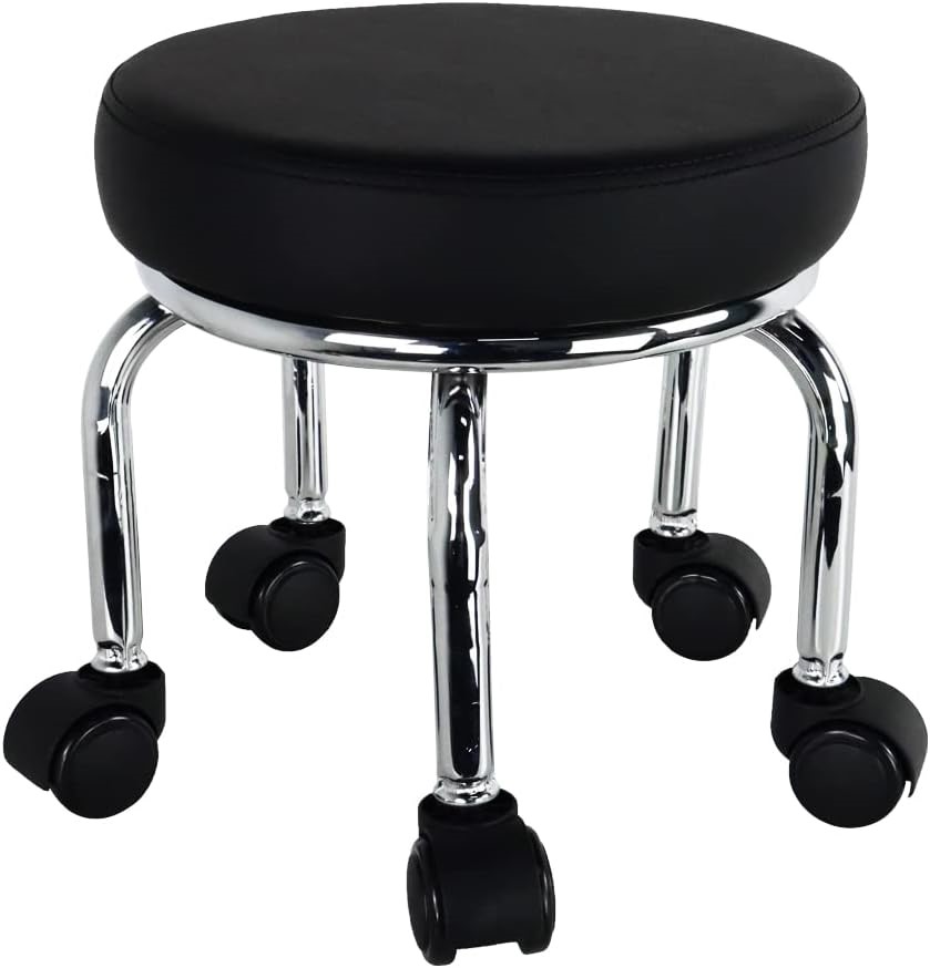 Small Rolling Stool PU Leather Roller Seat 360° Swivel Low Round Stools wit