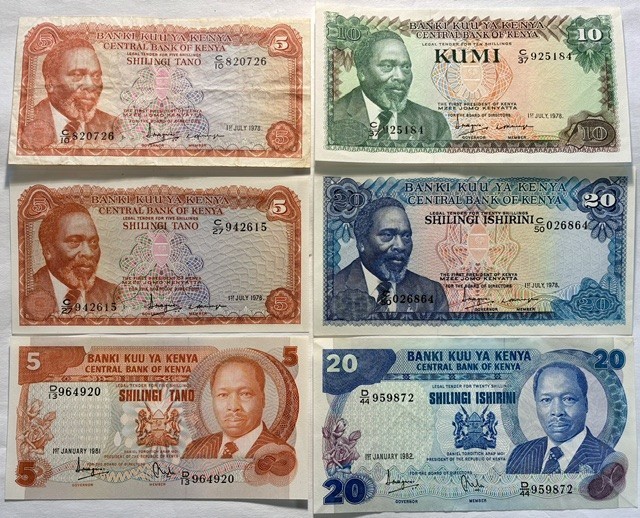 Kenya: 6 x Banknotes 1970s-80s