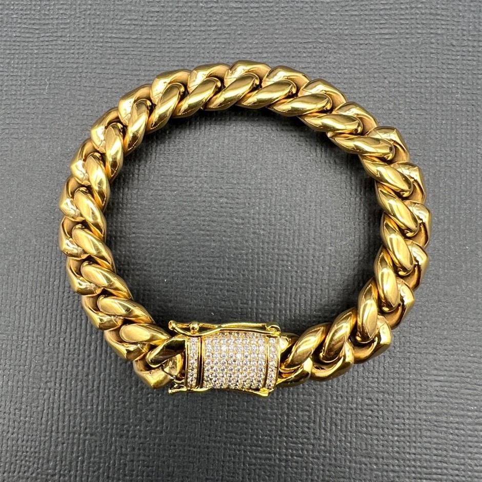 18K Gold-Filled Cuban Bracelet with AAA Cubic Zirconia Clasp - 20.3cm