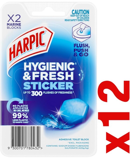 12x Harpic Hygienic & Fresh Sticker Marine Toilet Block (Pack of 2)
