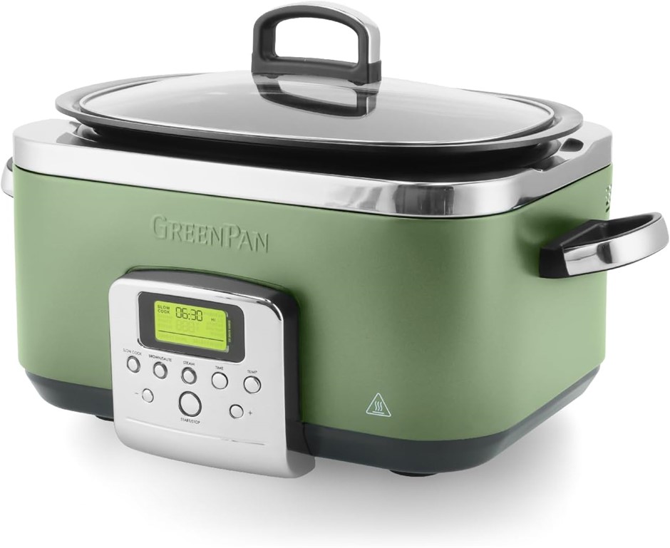 GREENPAN Slow Cooker Sage Green, 6L Dishwasher safe pot, Vibrant LCD displa