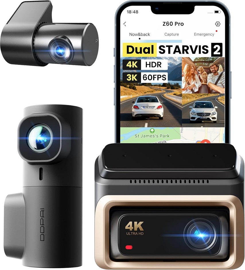 DDPAI Dash Cam 3 Channel Z60 Pro Link, 4K+1080P+2K Dash Cam.