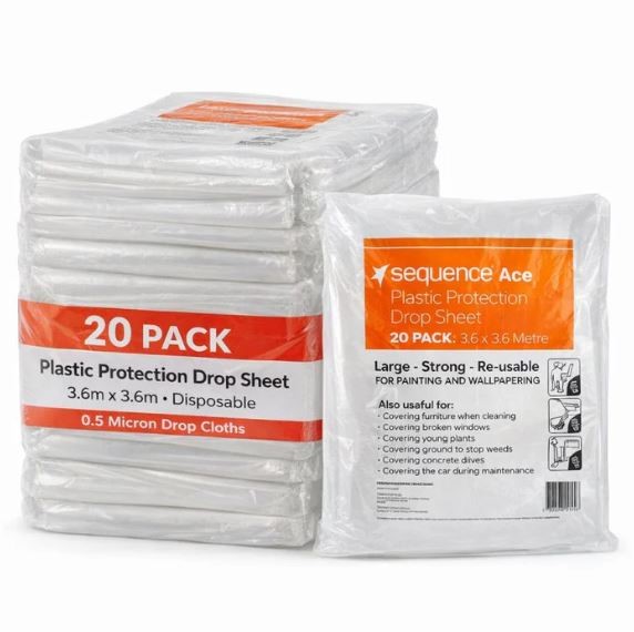 (20 Pack) Plastic Protection Drop Sheet 3.6m x 3.6m – 0.5 Micron Drop Cloth