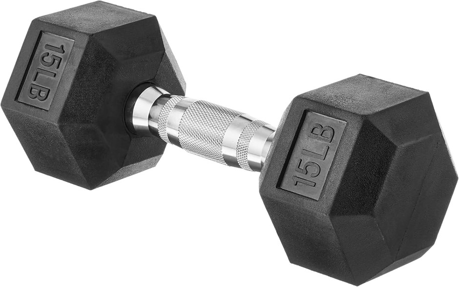 2 X AMAZON BASICS 15 LBS. Rubber Encased Exercise and Fitness Hex Dumbbell