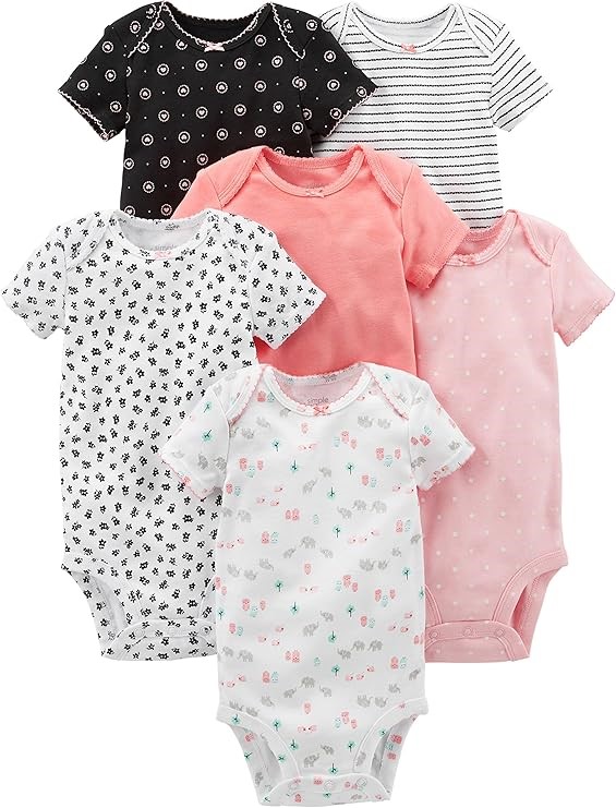 6pk x SIMPLE JOYS BY CARTER'S Girls SS Bodysuit, Size 24M, Pink/Black/White