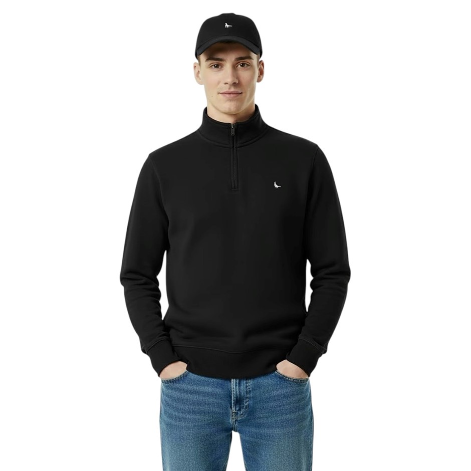 JACK WILLS Men's Barchester 1/4 Zip Pullover, Size XL, 75% Cotton, Black.