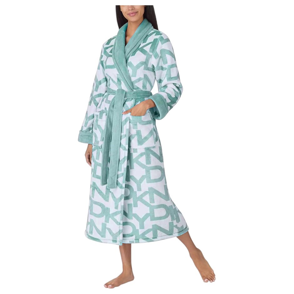 DKNY Women's Long Plush Robe, Size S, Blue/White. <b>You must be 18 years o