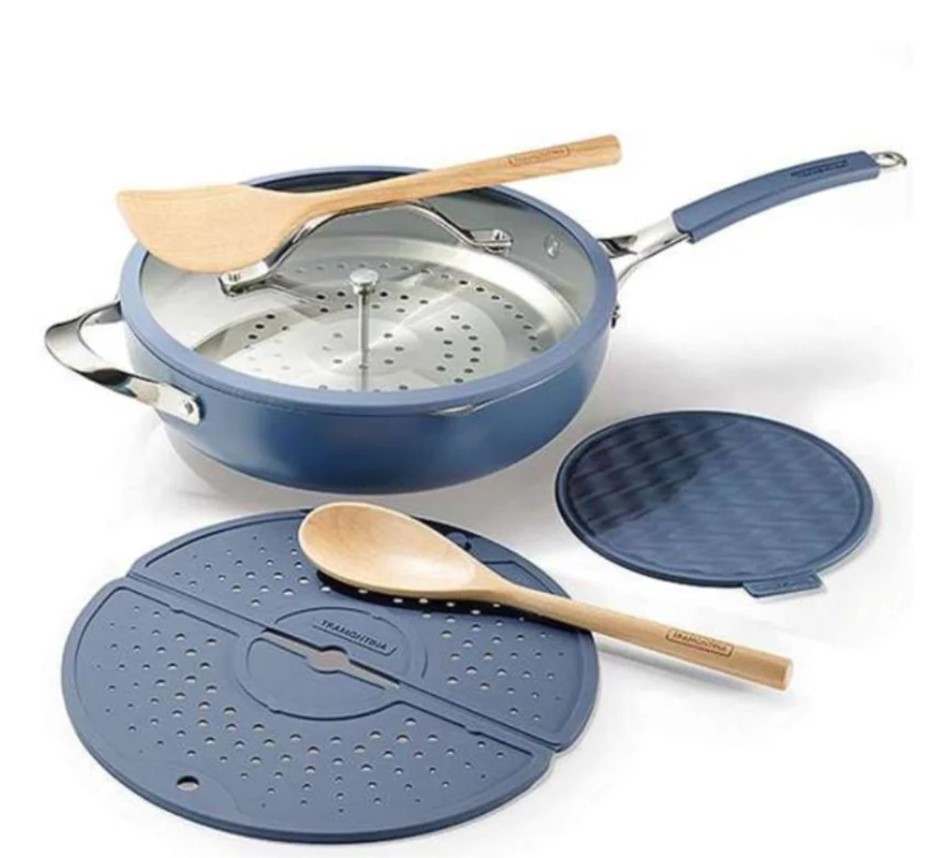 TRAMONTINA All-In-One Plus 30cm 7 Pcs Wok Pan Set, Blue. NB: Has Burn Marks
