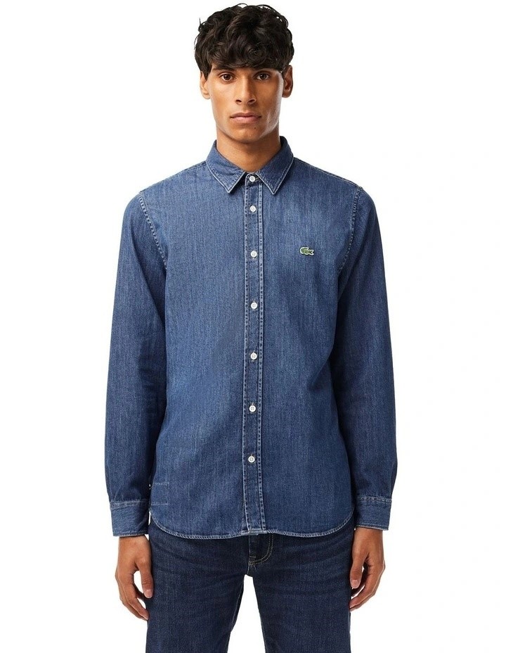 Lacoste Men's Long-Sleeve Reg Fit Denim Shirt Deep Medium, 42 Blue