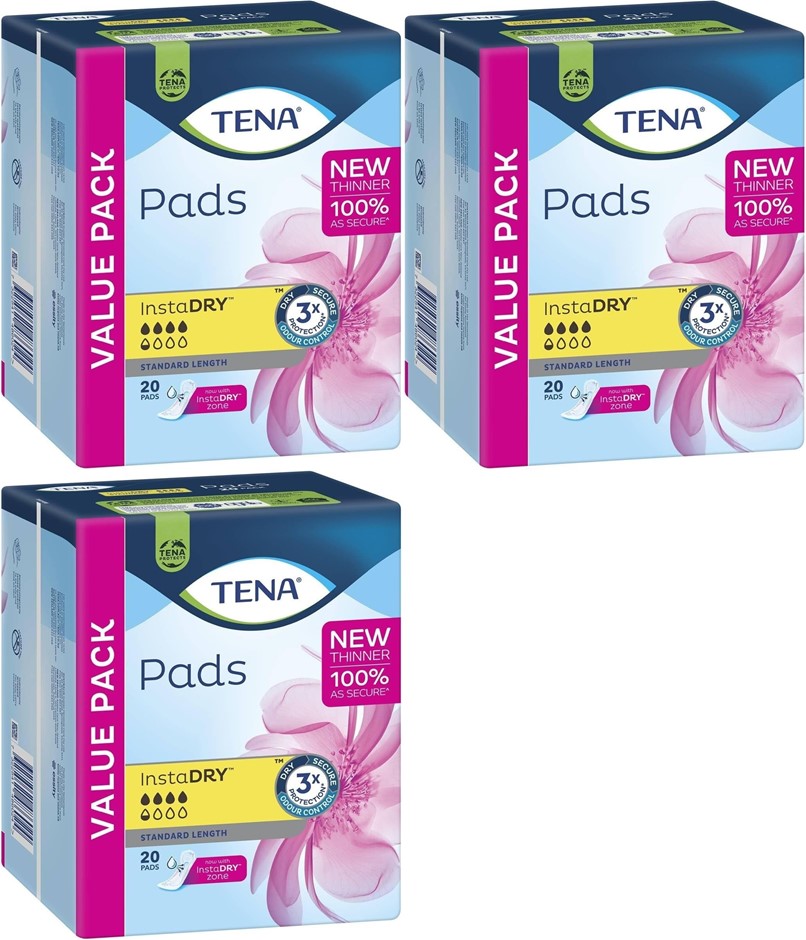 3 x TENA 20 Pieces Standard Insta Dry Lady Pads Menstrual Pad