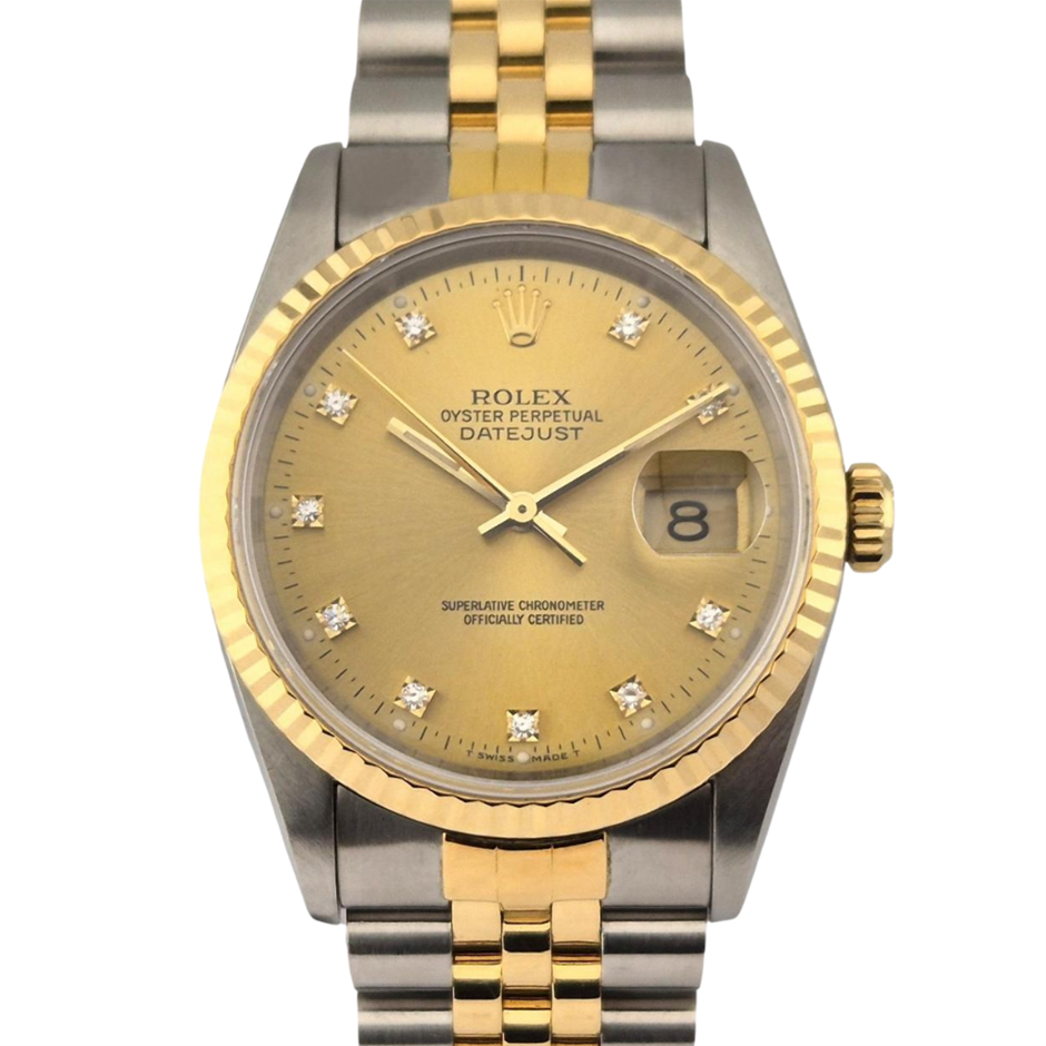 ROLEX DATEJUST 36 36MM YELLOW ROLESOR 16233G CHAMPAGNE DIAMOND DIAL WXO&COA