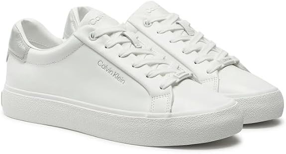 CALVIN KLEIN Women's Leather Sneakers, White/Pearl Grey, 9 US
