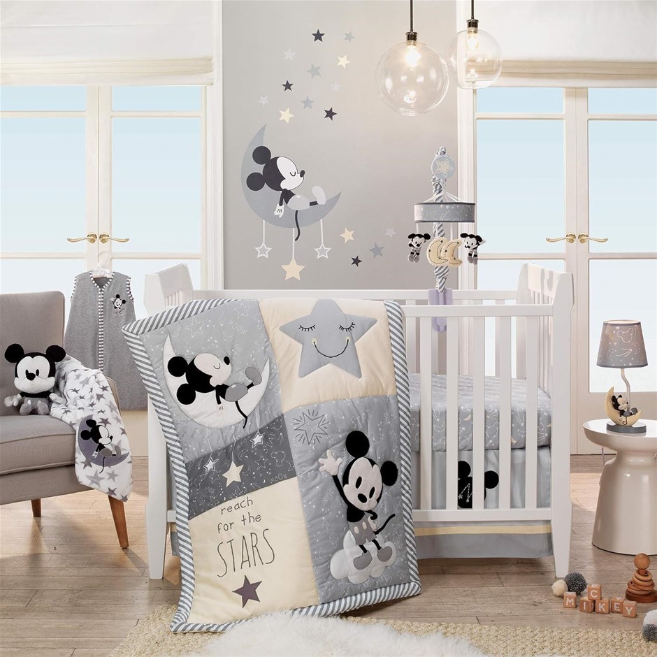 LAMBS & IVY Mickey Mouse 4 Piece Crib Bedding Set, Gray.